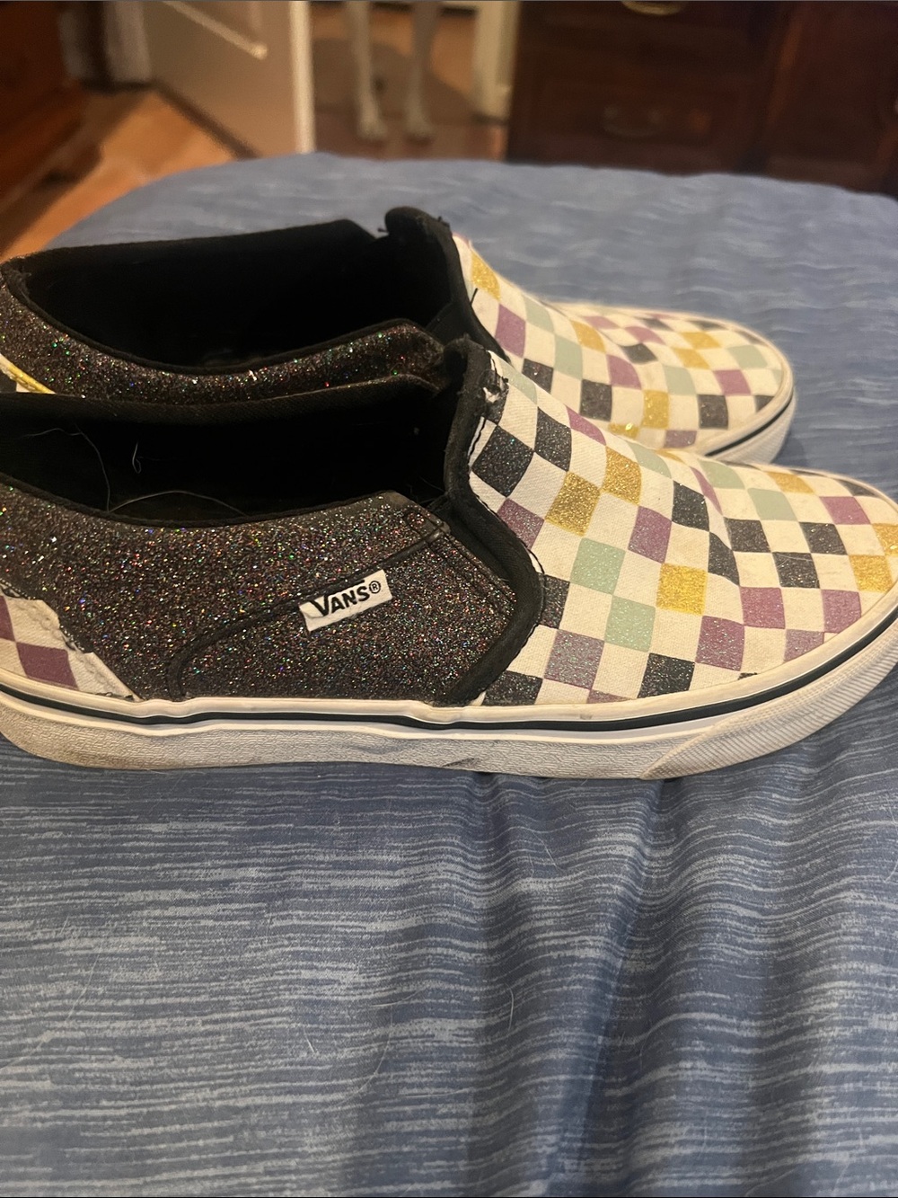 Women’s Slip-On Checkerboard Glitter Sneakers - Black, Gold, Purple, Green - Picture 3 of 4